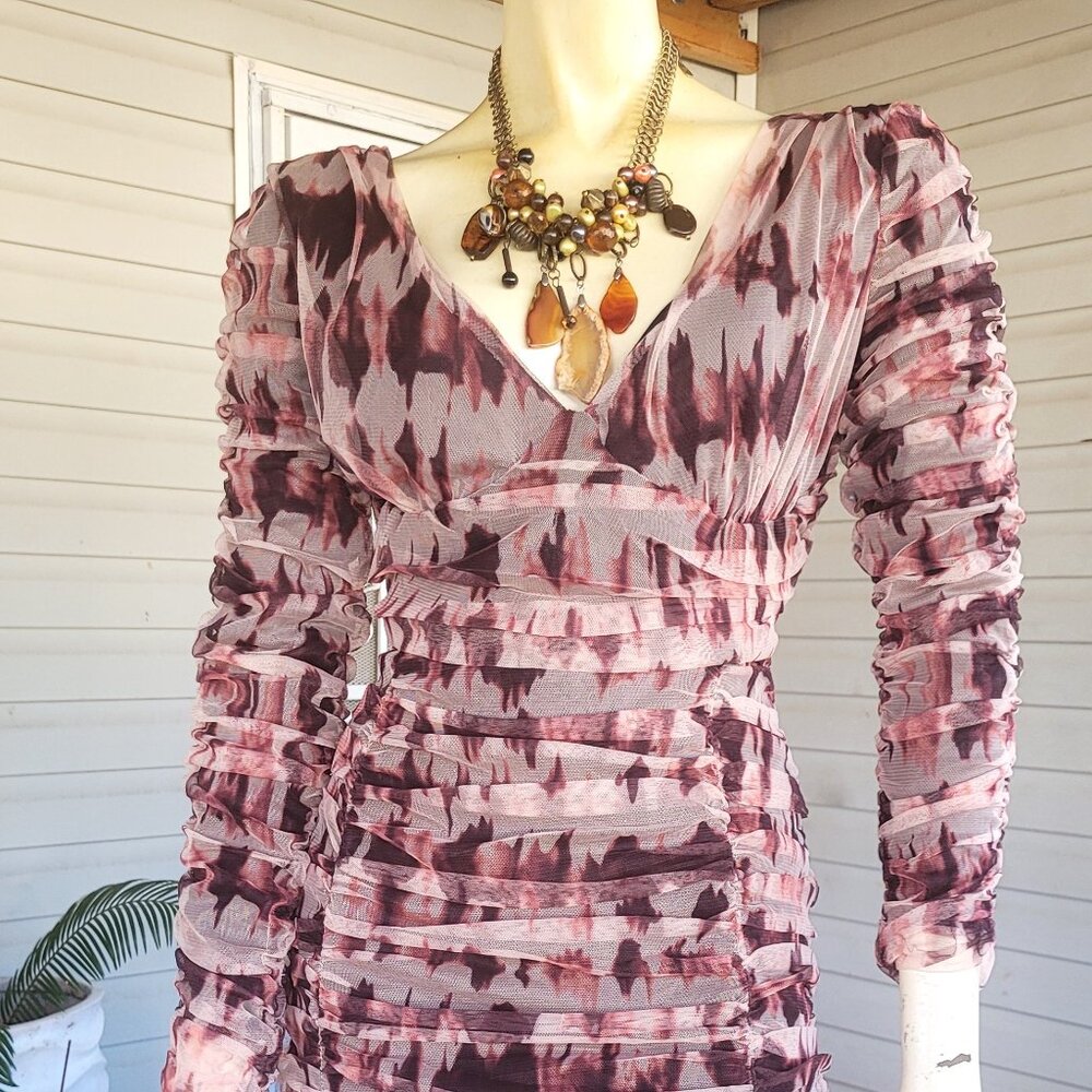 ZARA--Deep V-Neck, Draped, Tulle Knee Length Dress--